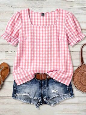 SHEIN Pink Gingham Square Neck Puff Sleeve Blouse